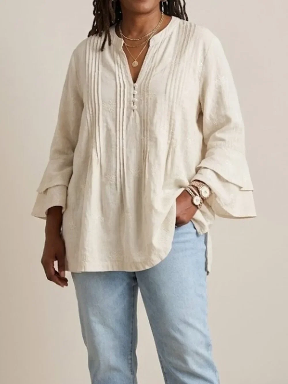 Antibes Blanc Cream Linen Embroidered Flare Sleeve Pintuck Tunic Plus Size 3X